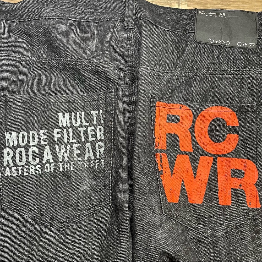 Rocawear RCWR Wide Baggy‎ Graphic Loose Denim Jeans Men's Size 42 x 32 Black EUC